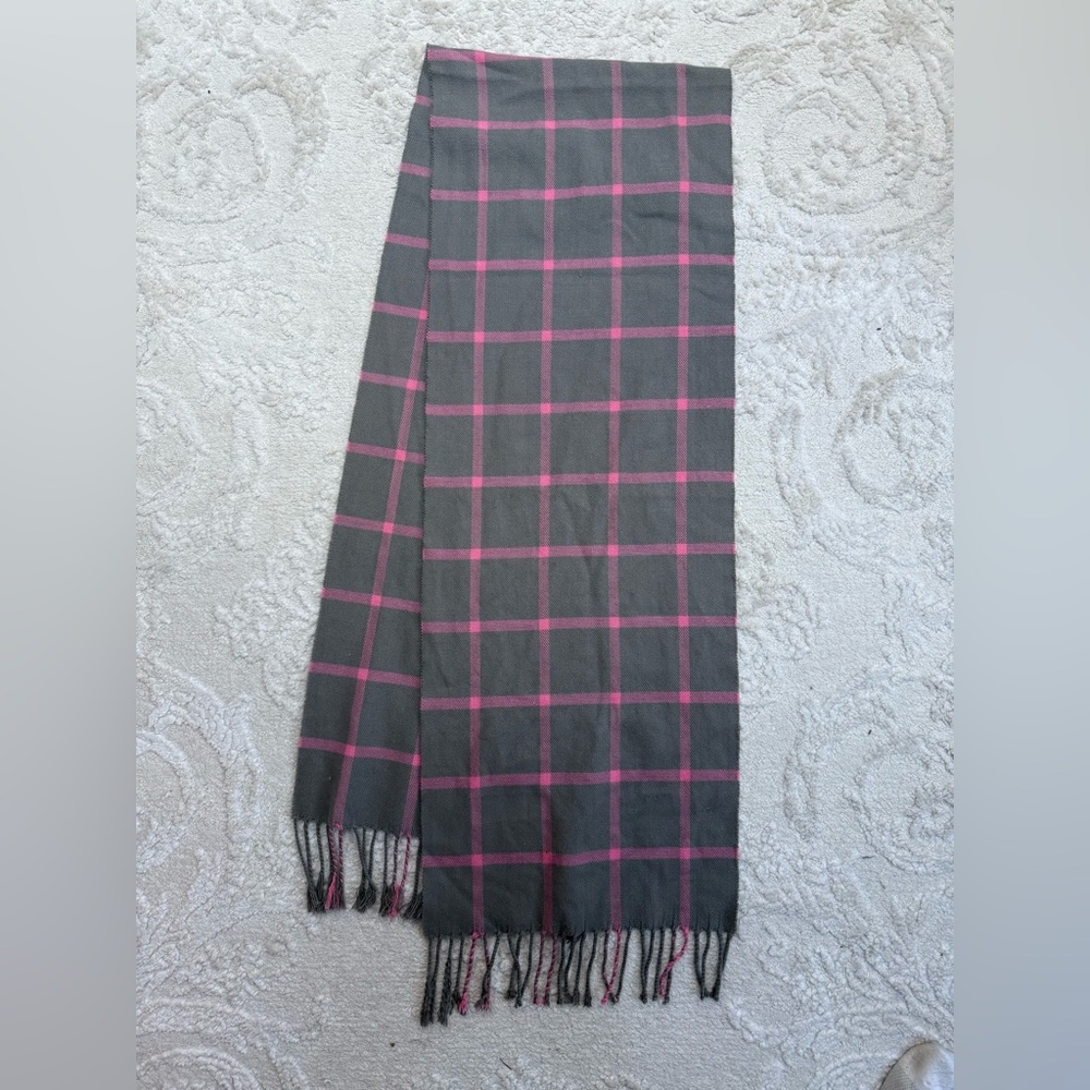 100%‎ Cashmere Scarf Made in Scotland Gray Pink Plaid Fringe Luxury
